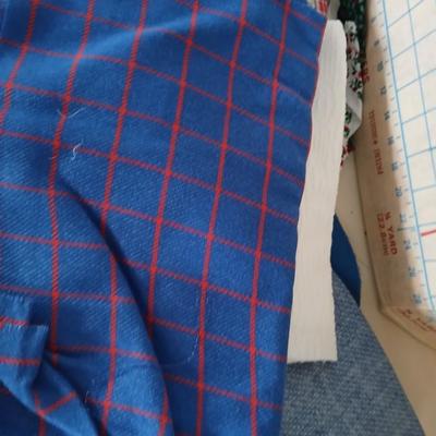 Large Lot of Assorted Cotton & Craft Fabrics – Novelty Prints, Yardage, Panels + Pattern Board in a storage tote