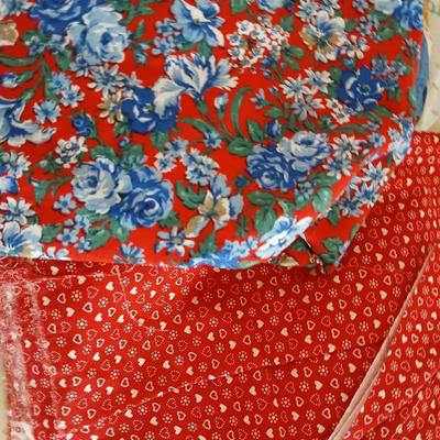 Large Lot of Assorted Cotton & Craft Fabrics – Novelty Prints, Yardage, Panels + Pattern Board in a storage tote
