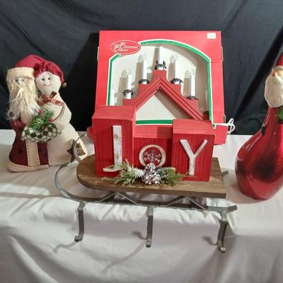 Lot of Holiday Decor – Santas, JOY Sled Display, Red Candle Arch Light