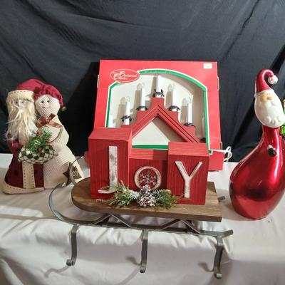 Lot of Holiday Decor – Santas, JOY Sled Display, Red Candle Arch Light