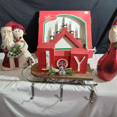 Lot of Holiday Decor – Santas, JOY Sled Display, Red Candle Arch Light