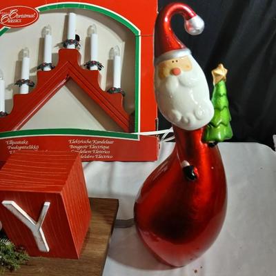 Lot of Holiday Decor – Santas, JOY Sled Display, Red Candle Arch Light