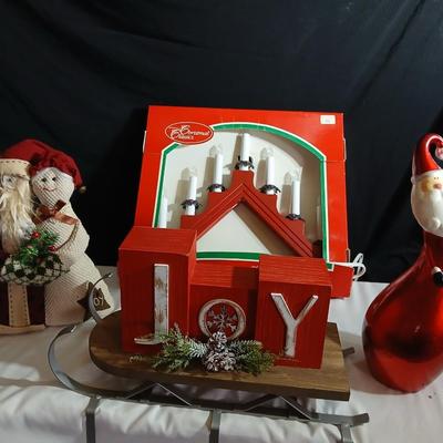 Lot of Holiday Decor – Santas, JOY Sled Display, Red Candle Arch Light