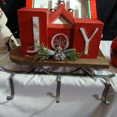 Lot of Holiday Decor – Santas, JOY Sled Display, Red Candle Arch Light