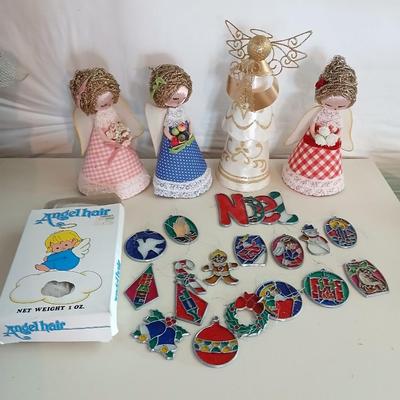 Vintage Christmas Lot – Angels, Stained Glass Ornaments & Angel Hair (20+ pcs)