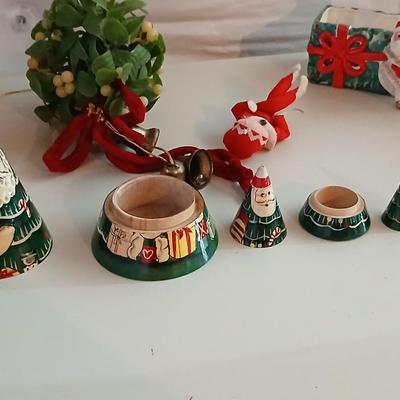 Vintage Holiday Decor Lot – Santa Nesting Dolls, Lefton Planter, Cone Trees, and More Geo. Z. Lefton Christmas Planter with Girl and...
