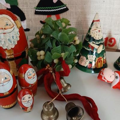 Vintage Holiday Decor Lot – Santa Nesting Dolls, Lefton Planter, Cone Trees, and More Geo. Z. Lefton Christmas Planter with Girl and...