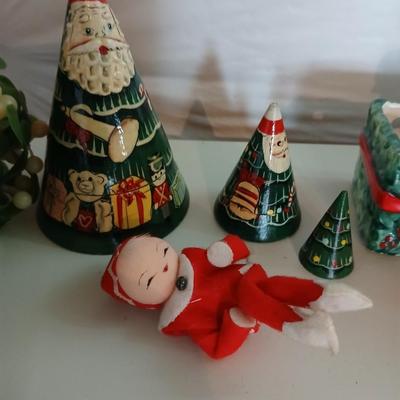 Vintage Holiday Decor Lot – Santa Nesting Dolls, Lefton Planter, Cone Trees, and More Geo. Z. Lefton Christmas Planter with Girl and...