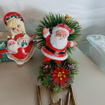 Vintage Holiday Decor Lot – Santa Nesting Dolls, Lefton Planter, Cone Trees, and More Geo. Z. Lefton Christmas Planter with Girl and...