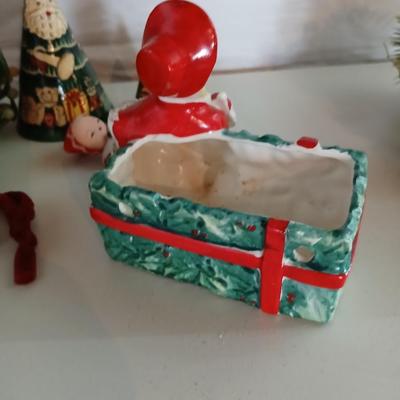 Vintage Holiday Decor Lot – Santa Nesting Dolls, Lefton Planter, Cone Trees, and More Geo. Z. Lefton Christmas Planter with Girl and...