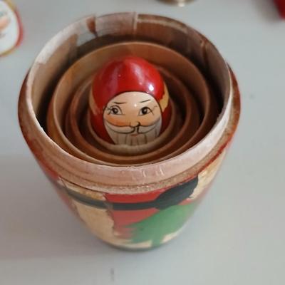 Vintage Holiday Decor Lot – Santa Nesting Dolls, Lefton Planter, Cone Trees, and More Geo. Z. Lefton Christmas Planter with Girl and...