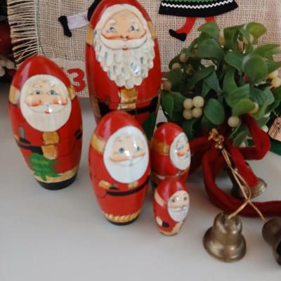 Vintage Holiday Decor Lot – Santa Nesting Dolls, Lefton Planter, Cone Trees, and More Geo. Z. Lefton Christmas Planter with Girl and...