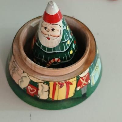 Vintage Holiday Decor Lot – Santa Nesting Dolls, Lefton Planter, Cone Trees, and More Geo. Z. Lefton Christmas Planter with Girl and...