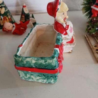 Vintage Holiday Decor Lot – Santa Nesting Dolls, Lefton Planter, Cone Trees, and More Geo. Z. Lefton Christmas Planter with Girl and...