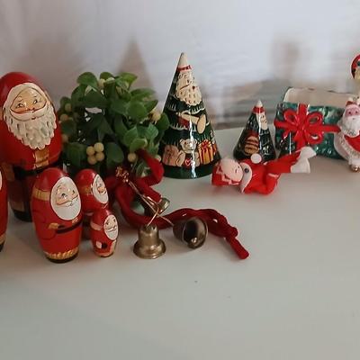Vintage Holiday Decor Lot – Santa Nesting Dolls, Lefton Planter, Cone Trees, and More Geo. Z. Lefton Christmas Planter with Girl and...