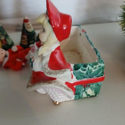 Vintage Holiday Decor Lot – Santa Nesting Dolls, Lefton Planter, Cone Trees, and More Geo. Z. Lefton Christmas Planter with Girl and...