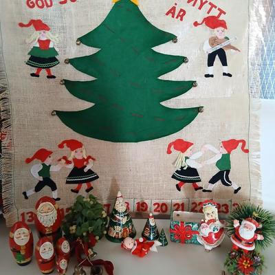 Vintage Holiday Decor Lot – Santa Nesting Dolls, Lefton Planter, Cone Trees, and More Geo. Z. Lefton Christmas Planter with Girl and...