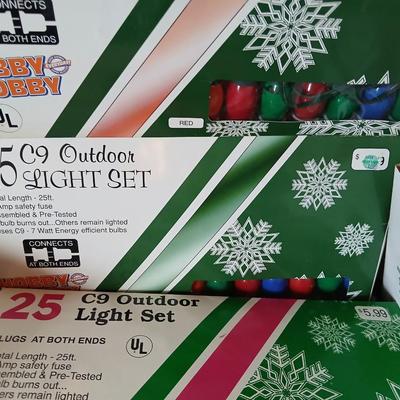 Vintage C9 Outdoor Christmas Light Sets (4 Boxes) with new replacement bulbs + Tree Stand