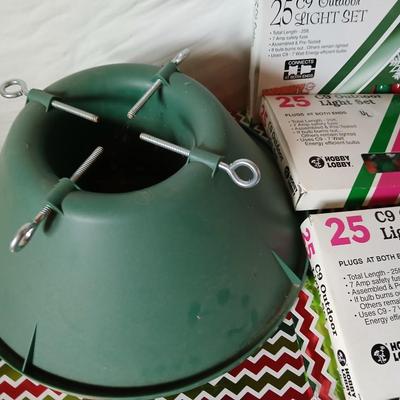 Vintage C9 Outdoor Christmas Light Sets (4 Boxes) with new replacement bulbs + Tree Stand