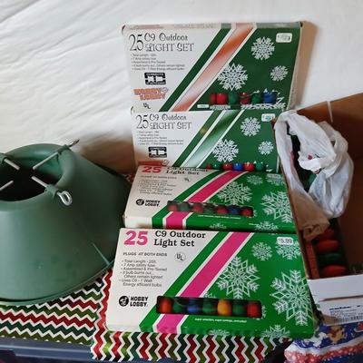 Vintage C9 Outdoor Christmas Light Sets (4 Boxes) with new replacement bulbs + Tree Stand