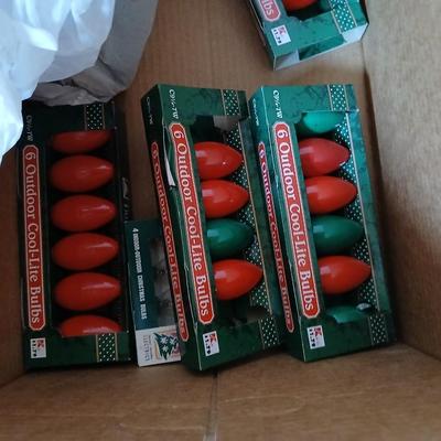 Vintage C9 Outdoor Christmas Light Sets (4 Boxes) with new replacement bulbs + Tree Stand