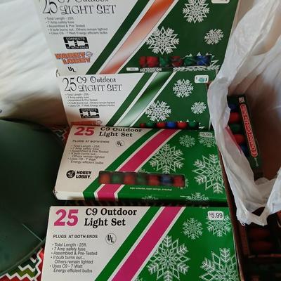 Vintage C9 Outdoor Christmas Light Sets (4 Boxes) with new replacement bulbs + Tree Stand