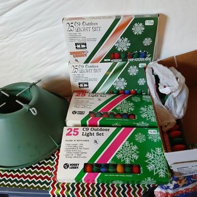Vintage C9 Outdoor Christmas Light Sets (4 Boxes) with new replacement bulbs + Tree Stand
