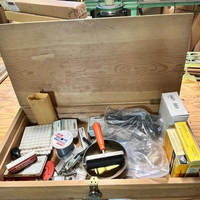 Lot 373 Wood box of hardware & tools