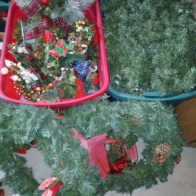 Large Holiday Wreaths & Floral Décor Tote – Two Totes full of garlands - wreath supplies - Faux berries - pinecones & more