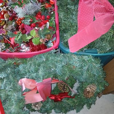 Large Holiday Wreaths & Floral Décor Tote – Two Totes full of garlands - wreath supplies - Faux berries - pinecones & more