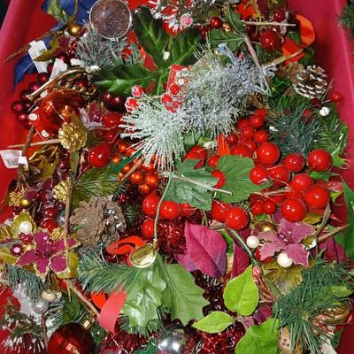 Large Holiday Wreaths & Floral Décor Tote – Two Totes full of garlands - wreath supplies - Faux berries - pinecones & more