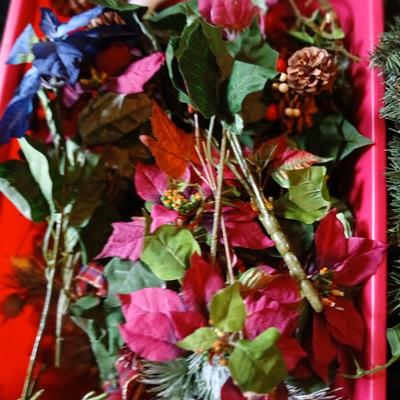 Large Holiday Wreaths & Floral Décor Tote – Two Totes full of garlands - wreath supplies - Faux berries - pinecones & more