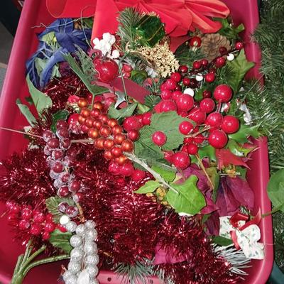 Large Holiday Wreaths & Floral Décor Tote – Two Totes full of garlands - wreath supplies - Faux berries - pinecones & more