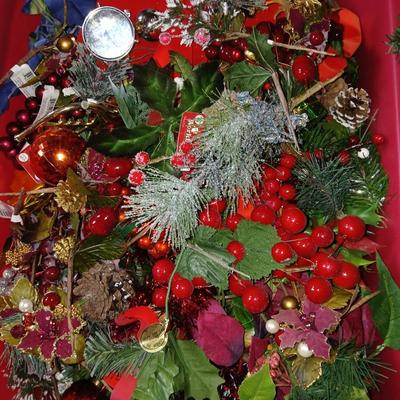 Large Holiday Wreaths & Floral Décor Tote – Two Totes full of garlands - wreath supplies - Faux berries - pinecones & more