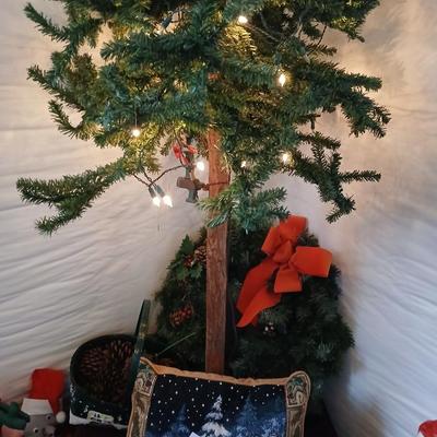Rustic Artificial Christmas Tree & Holiday Decor Display Lot
