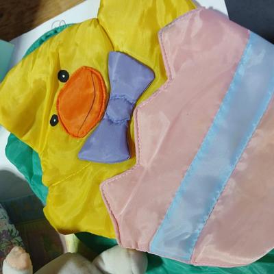 Large Easter Décor & Basket Lot – Plush, Eggs, Ornaments, rug, Fabric Décor all in a nice storage tote!