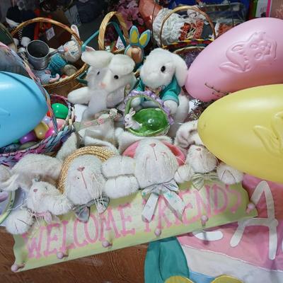 Easter Bunny & Décor Lot – Plush, Baskets, Jumbo General foam Plastics Vintage blow mold Eggs, Welcome Sign - bunnies and more all in...