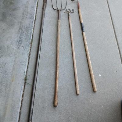 4 Vintage Farm & Garden Tools – Iron & Wood Handles