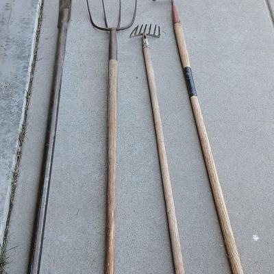 4 Vintage Farm & Garden Tools – Iron & Wood Handles