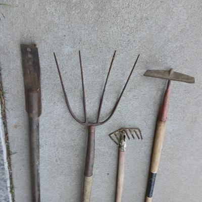 4 Vintage Farm & Garden Tools – Iron & Wood Handles