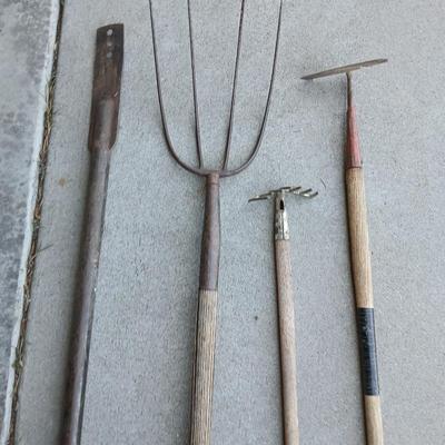 4 Vintage Farm & Garden Tools – Iron & Wood Handles