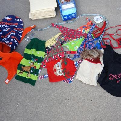 Dog Apparel & Accessories Lot – Holiday Sweaters, Bandanas, Harness & More
