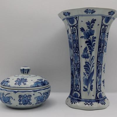 Delft Blue & White Vase and Trinket Dish with Lid