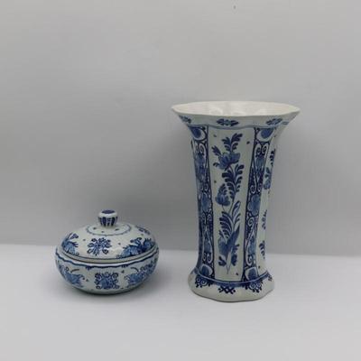 Delft Blue & White Vase and Trinket Dish with Lid