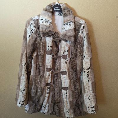 Dennis Basso Faux Fur Coat with Removable Hood – Size M – Animal Print Patchwork