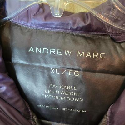 Andrew Marc Packable Down Jacket – XL – Metallic Plum + Bonus Gloves & Scarf