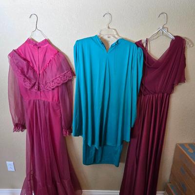 3 Vintage Evening Dresses – Fuchsia Chiffon, Teal Lace, Burgundy Satin