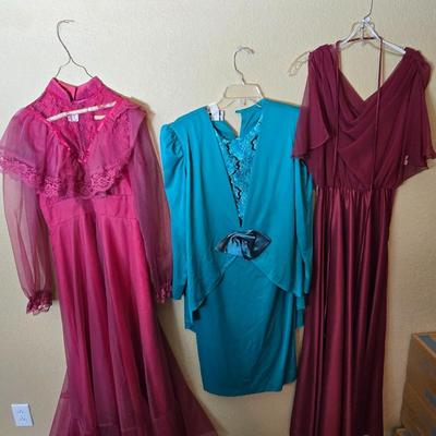 3 Vintage Evening Dresses – Fuchsia Chiffon, Teal Lace, Burgundy Satin