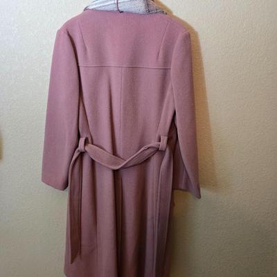 Vintage-Inspired Pink Wool Blend Fit & Flare Coat with Plaid Scarf – Size Unknown