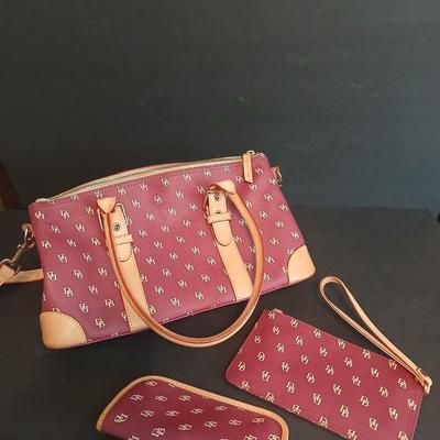 Dooney & Bourke Burgundy Monogram 3-Piece Set – Satchel, Wristlet & Wallet